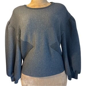 Express Dark Gray Crew Neck Top, ribbed, puff sleeve, casual or business